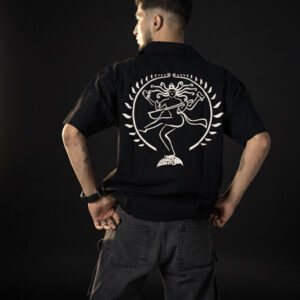 cosmic dance – black graphic oversized shirt cuban collar